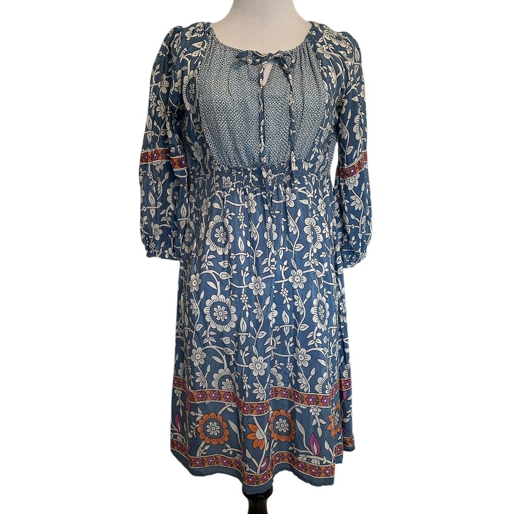 Tolani Floral Border Dress Womens Small Silk Smocked Boho Peasant Mixed Print